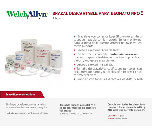 Imagen 7 de 10 de Manguito Neonatal Nº5 Descartable Con Un Tubo Welch Allyn