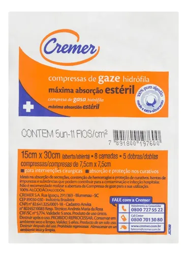 Compressa de Gaze Estéril Cremer 7,5cm x 7,5cm Pacote 5 Unidades