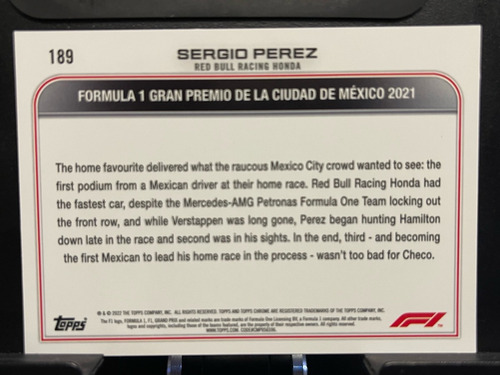 Sergio Checo Perez Tarjeta Topps Chrome Formula 1 Mexico