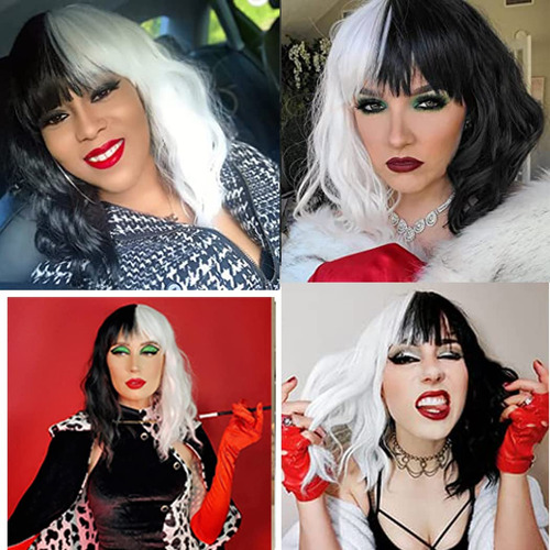 Perucas Onduladas De Cosplay Femininas Pretas E Brancas, Cur