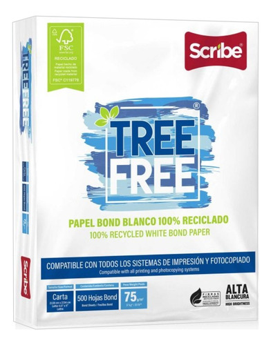 Papel Bond Scribe Tree Free Bco. Tam.carta 75 Grs. 500 Hojas