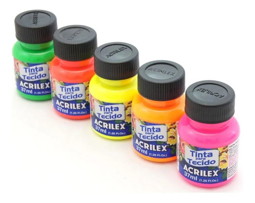 Kit 6 Cores Tinta Para Tecido Fluorescente Neon Acrilex 37ml