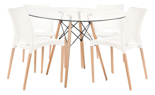 Juego De Comedor Mesa Eames Vidrio Redonda 120cm + 4 Cannes