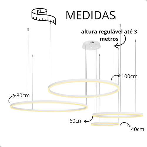 GMH luminária Lustre Pendente Led Moderno Pé Direito Alto 3 metros Hall Aneis Led Estrutura Branco