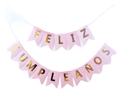 Banderin Feston Feliz Cumpleaños Rosa Mate Letras Doradas