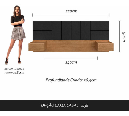 Cabeceira Suspensa Para Cama Casal Malibu Carv/preto - Ma Cor Carvalho Americano/preto 06