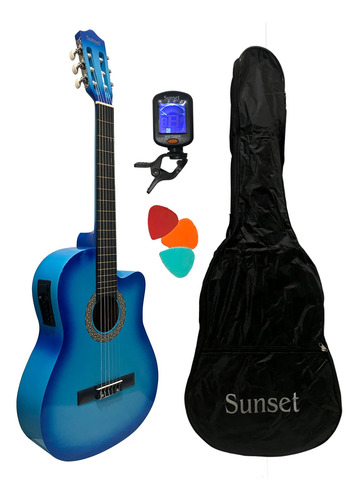 Guitarra Electrocriolla Sunset Eq 4 Bandas Color Azul Funda