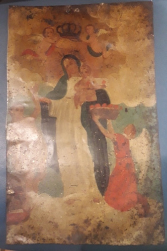Antigua Pintura Oleo Chapa Santa Virgen Maria 36 Cm X 22  