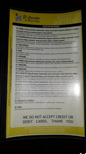 Carta De La Famosa Pizzería El Cuartito De Buenos Aires. (Usado)