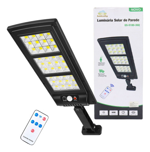Luminária Solar Led Parede Refletore 300w Sensor C/ Controle Carcaça Preto 36 Treliça Luz Branco-frio