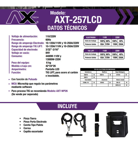 Combo Soldadora Inv 250a Axtech + Accesorios Axt-257lcd-c3