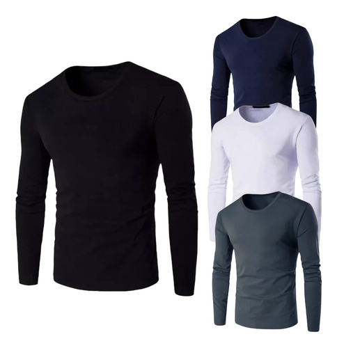 Pack 3 Camisetas Algodón Cuello Redondo Manga Larga Hombre