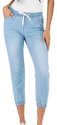 Pantalon Mezclilla Cintura Elastica Para Mujer Casual Cordon