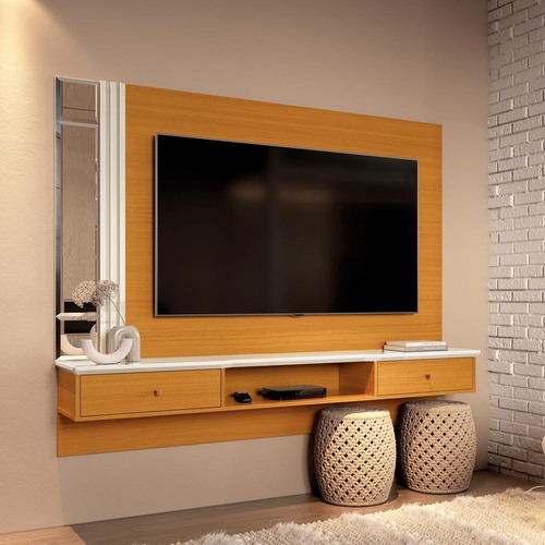 Painel Home Para Tv 55 Polegadas Com Ripado E Espelho Suiça Cor Cedro / Off White