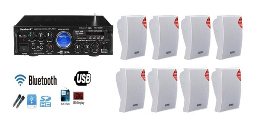 Kit Sonido Ambiental Amplificador Bluetooth +8parlante Pared
