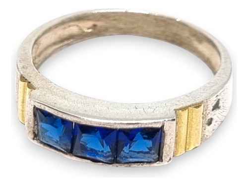 Anillo Plata Y Oro 3 Piedra Azul