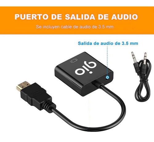 Imagen 2 de 7 de Gio Adaptador Hdmi A Vga Con Cable De Audio De 3.5mm