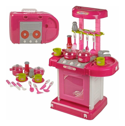 Cocina Infantil Maletin Pricesas Niñas Ollas Horno Juguete Color 008-58 Rosado