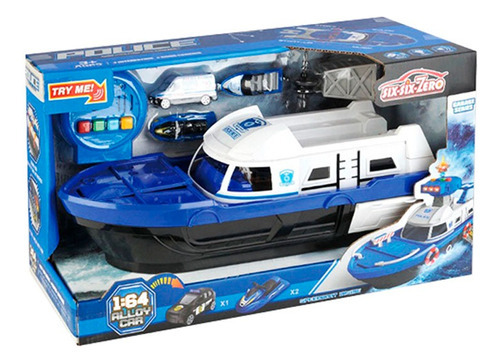 Playset Bote Policia Con Autos De Metal Luz Color Celeste Personaje Barco