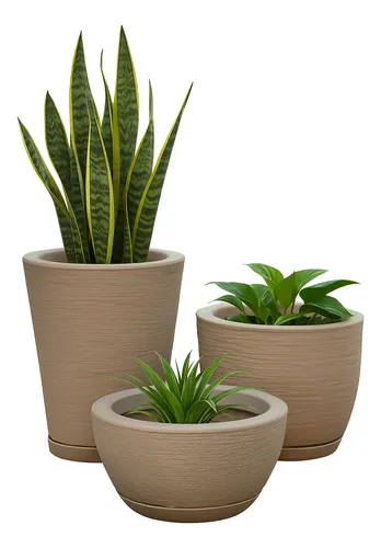 Kit 3 Vasos Polietileno Para Plantas Decorativo ​Cone Bacia Bege Escovado