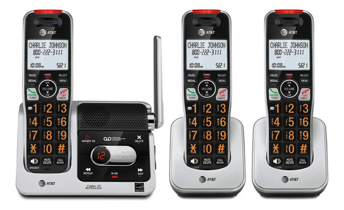 At&t Bl102-3 Dect 6.0 Teléfono Inalámbrico De 3 Auriculares Para El Hogar Con Contestadora, Bloqueo De Llamadas, Anunciador De Identificación De Llamadas, Asistencia De Audio, Intercomunicador Y Rango