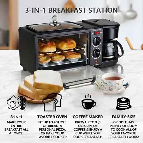 Horno Electrico 3 En 1 Maquina Cafetera Sarten Horno Plancha Negro