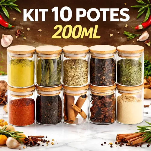 Jogo 10 Potes 200ml Herméticos Vidro Tampa De Bambu Temperos Transparente