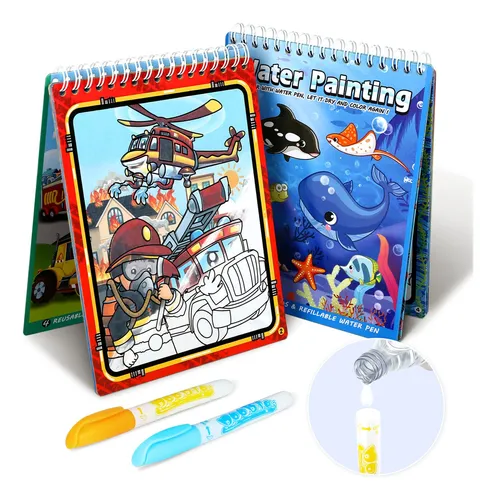 Set De 2 Libros De Agua Reutilizables – Temas Animales Y Transporte – Con Rotuladores – 15x19 Cm – Educativo Y Sin Manchas