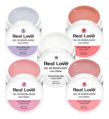 Kit 5 Gel Construtor Com Glitter 15ml - Real Love