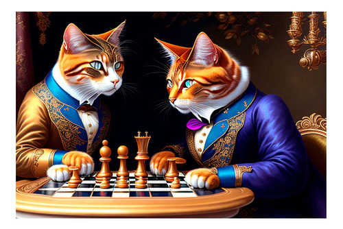 Vinilo 50x75cm 2 Gatos Con Traje Jugando Ajedrez Chess