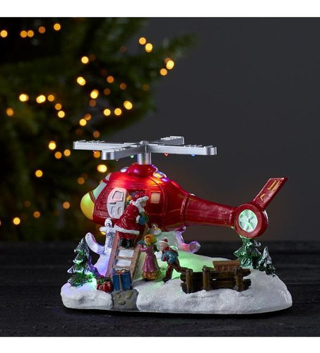 Helicóptero Cerâmica Papai Noel C/ Luzes E Movimento - 27 Cm