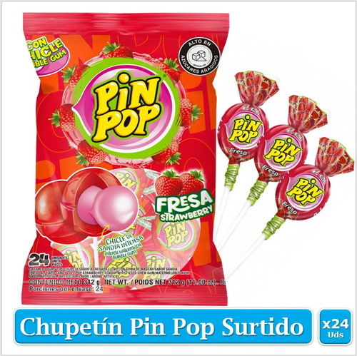 Chupeta Pin Pop Fresa Relleno Con Goma De Mascar Bolsax24uds