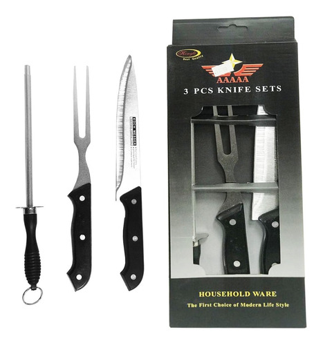 Set Asado Kit Parrillero X3 Piezas Cuchillo Chaira Tenedor