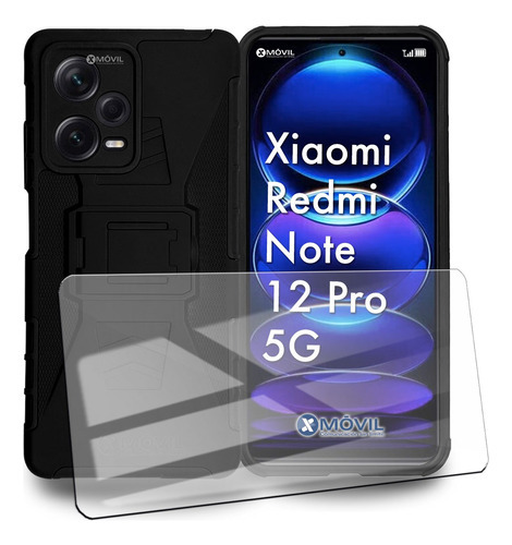 Funda P/ Xiaomi Redmi Note 12 Pro 5g, Uso Rudo Clip + Mica Color Negro Xiaomi Redmi Note 12 Pro 5G