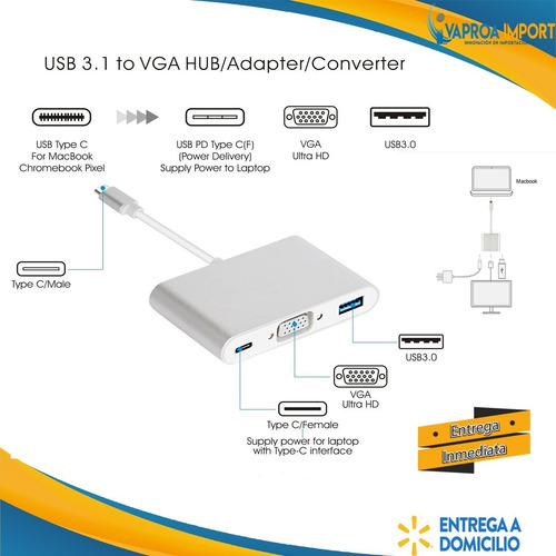 Imagen 8 de 8 de Adaptador 3 En 1 De Tipo C A Vga, Tipo C Hub Usb 3.0