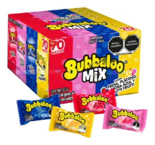 Bubbaloo Chicle Mix Fresa, Plátano, Mora 70 Pzas