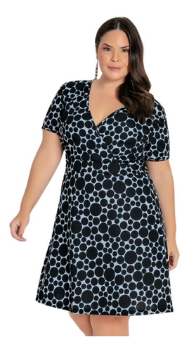 Vestido Transpassado Evangélico Poá Azul E Preto Plus Size