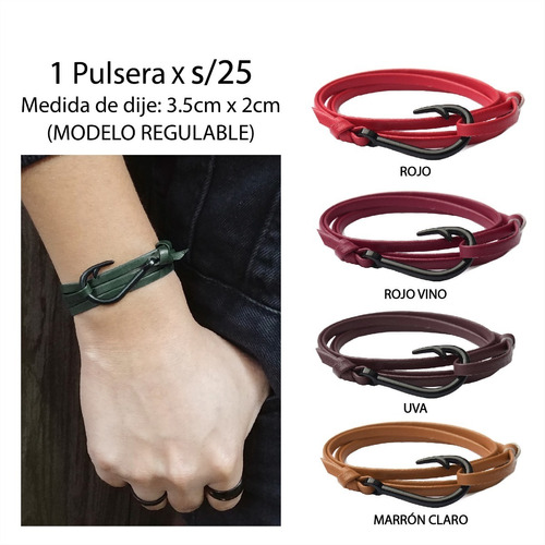 Pulsera Regulable Anzuelo Cuero Vegano Hombre Unisex A1