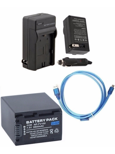 Kit Bateria Np-fv100 + Carregador + Cabo Usb P/ Sony Dcr-pj5