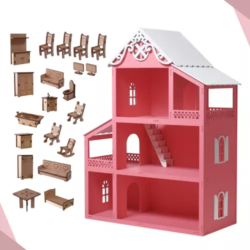 Casa Casinha de Boneca Rosa Branco Mdf + Mini Móveis Montados em