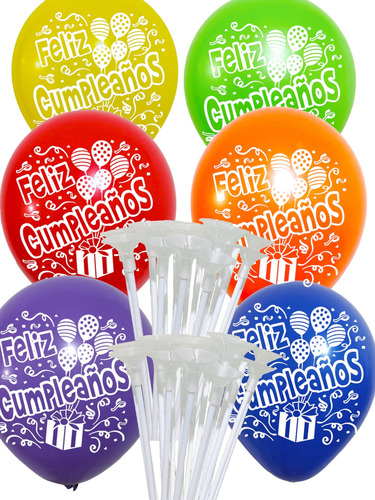 25 Globos Feliz Cumpleaños 9  Surtidos Y 25 Portaglobos