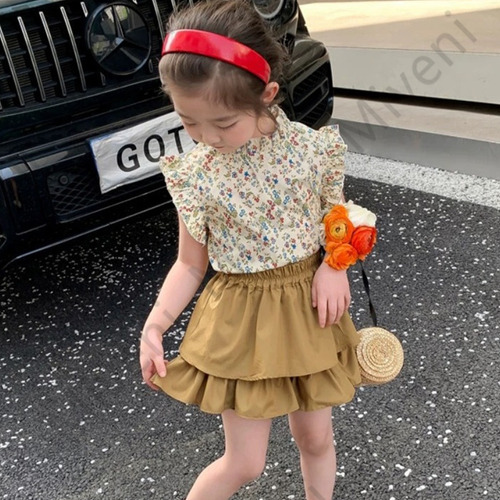2 Piezas Conjunto Niña Top Estampado Y Falda Corta