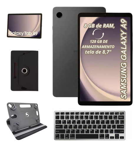 Tablet Galaxy Tab A9 8.7 128+8 Com Teclado Bt Preto E Capa Cinza-escuro