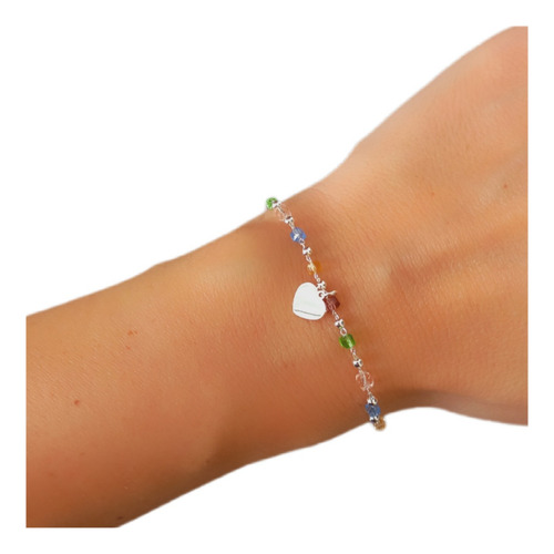 Pulsera De Acero Blanco Con Corazoncito Y Cubics De Colores