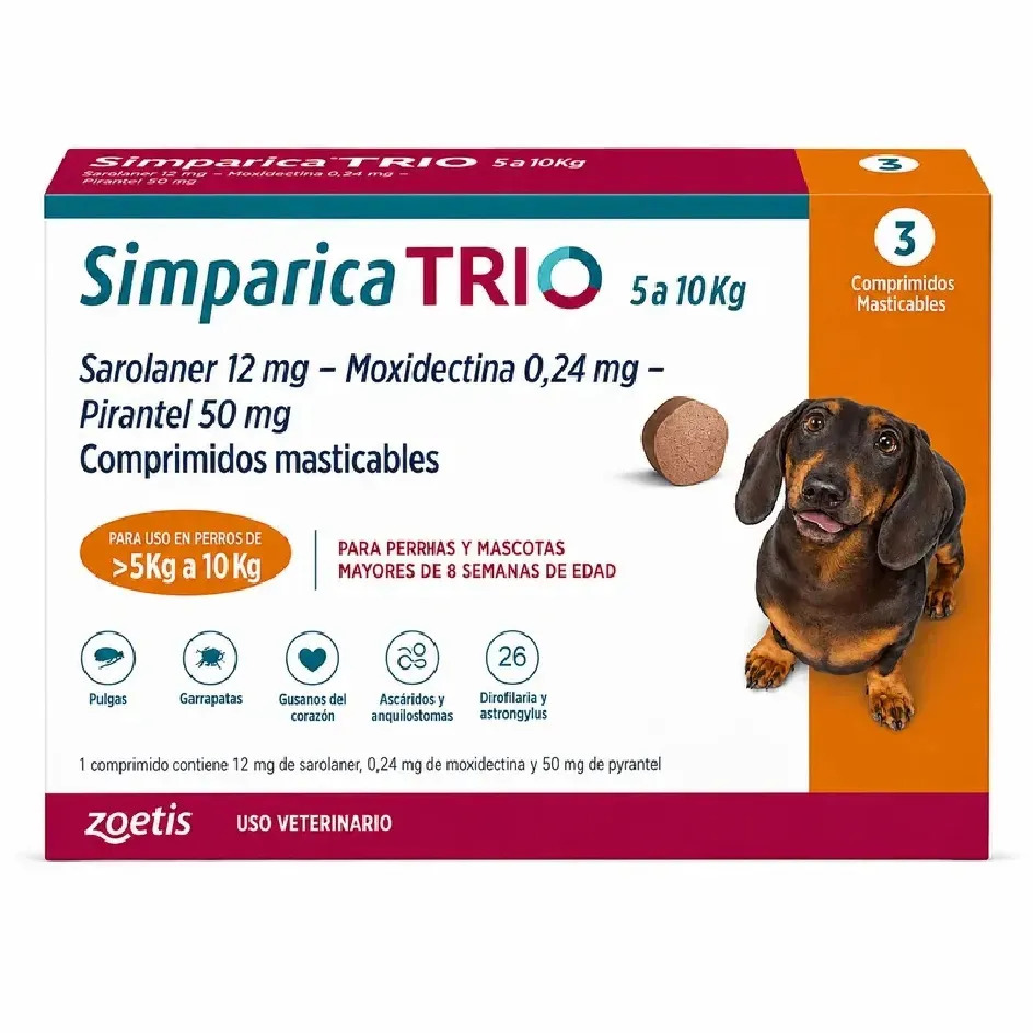Simparica Trio 5,1 A 10 Kg Antiparasitario Perros 3 Comprimidos Masticables Pulgas Garrapatas Parásitos Internos Desparasitación Protección Triple Sarolaner Pirantel Moxidectina Pe