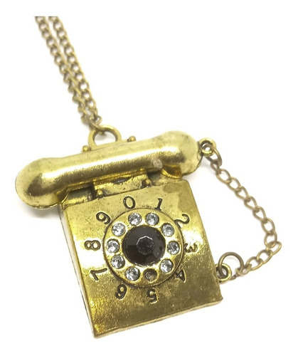 Colar Retrô Vintage 3d Telefone Mini Luxo Ouro Velho Strass