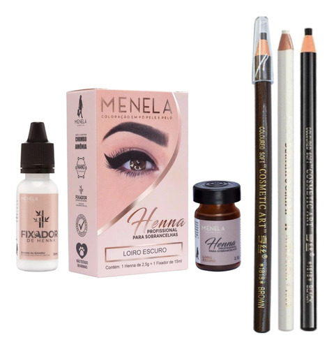 Kit Henna Menela Sobrancelha Com 3 Lápis Dermatografico Cor Loiro Escuro