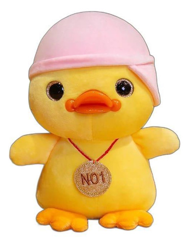 Pato De Pelúcia Amarelo Com Boiná Olhos Brilhantes 20cm Rosa