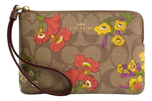 Monedero Café Coach Corner Zip Con Estampado Floral Color Marrón Diseño De La Tela Monograma