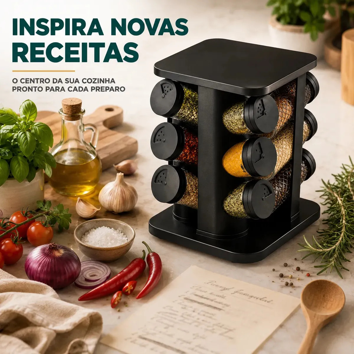 Porta Temperos Condimentos 12 Unidades Potes Vidro Base Giratória Preto Organizador Cozinha... 5